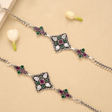 Square Flower Ruby Emerald Silver Anklet