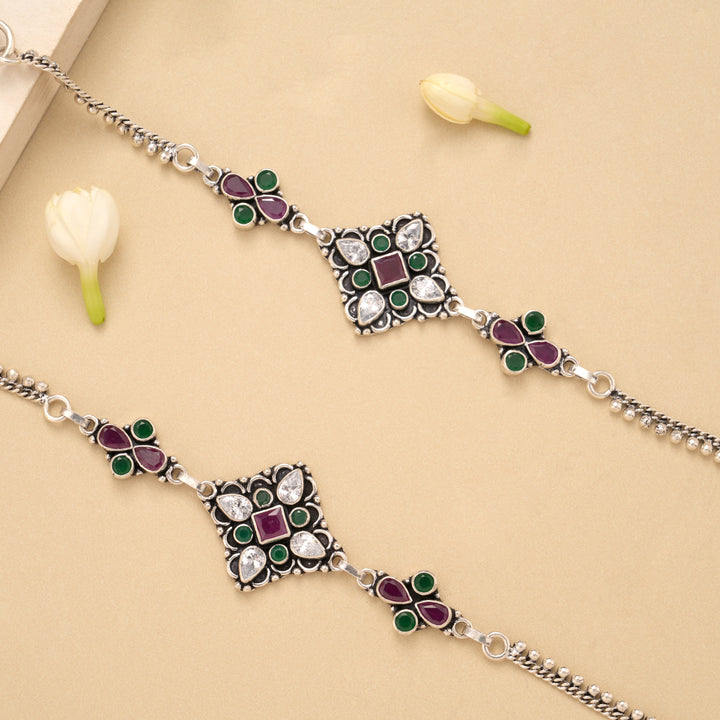 Square Flower Ruby Emerald Silver Anklet