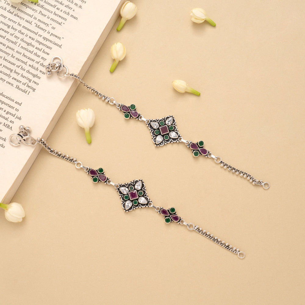 Square Flower Ruby Emerald Silver Anklet