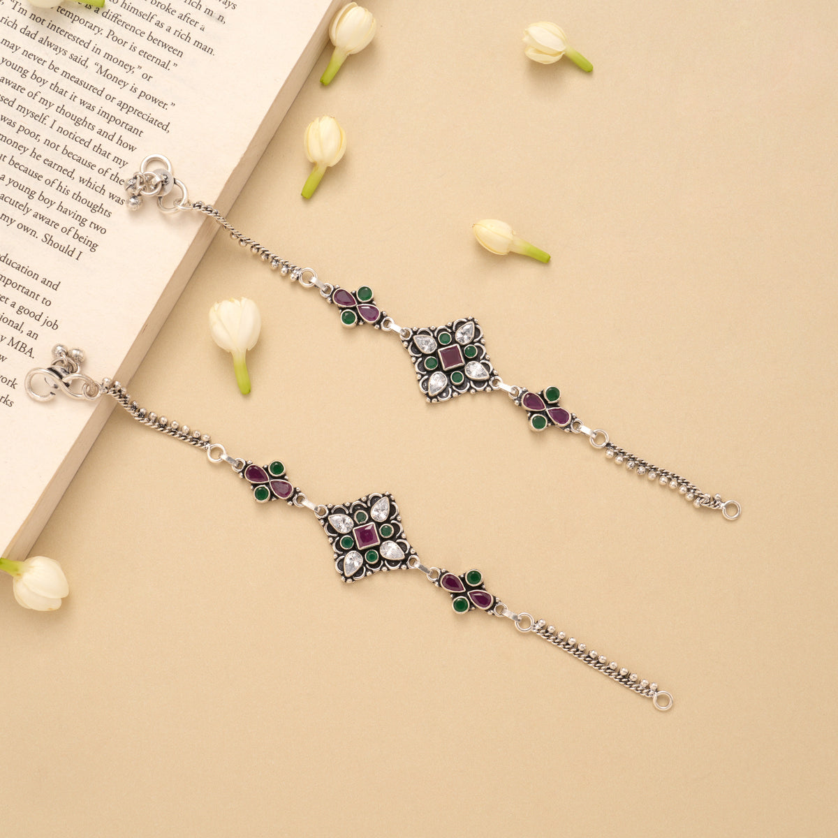 Square Flower Ruby Emerald Silver Anklet