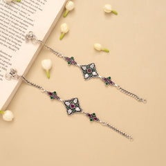 Square Flower Ruby Emerald Silver Anklet