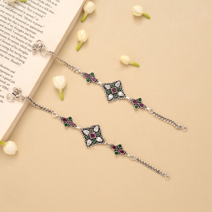 Square Flower Ruby Emerald Silver Anklet