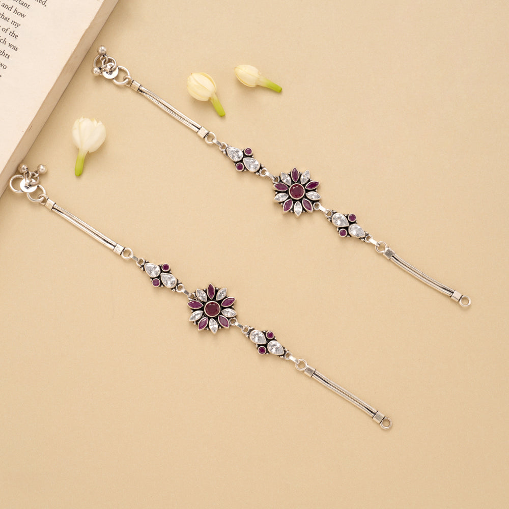 Radiant Ruby Floral Silver Anklet
