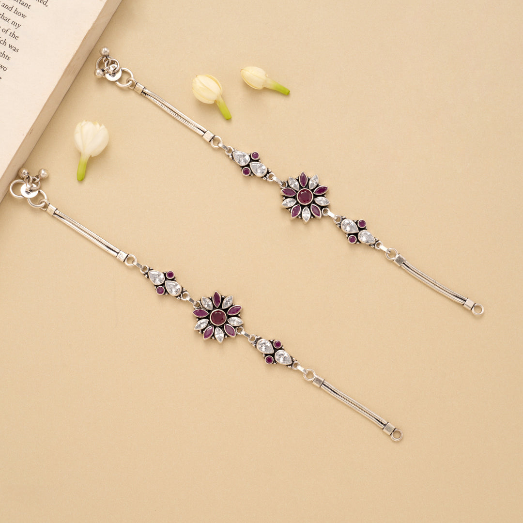 Radiant Ruby Floral Silver Anklet