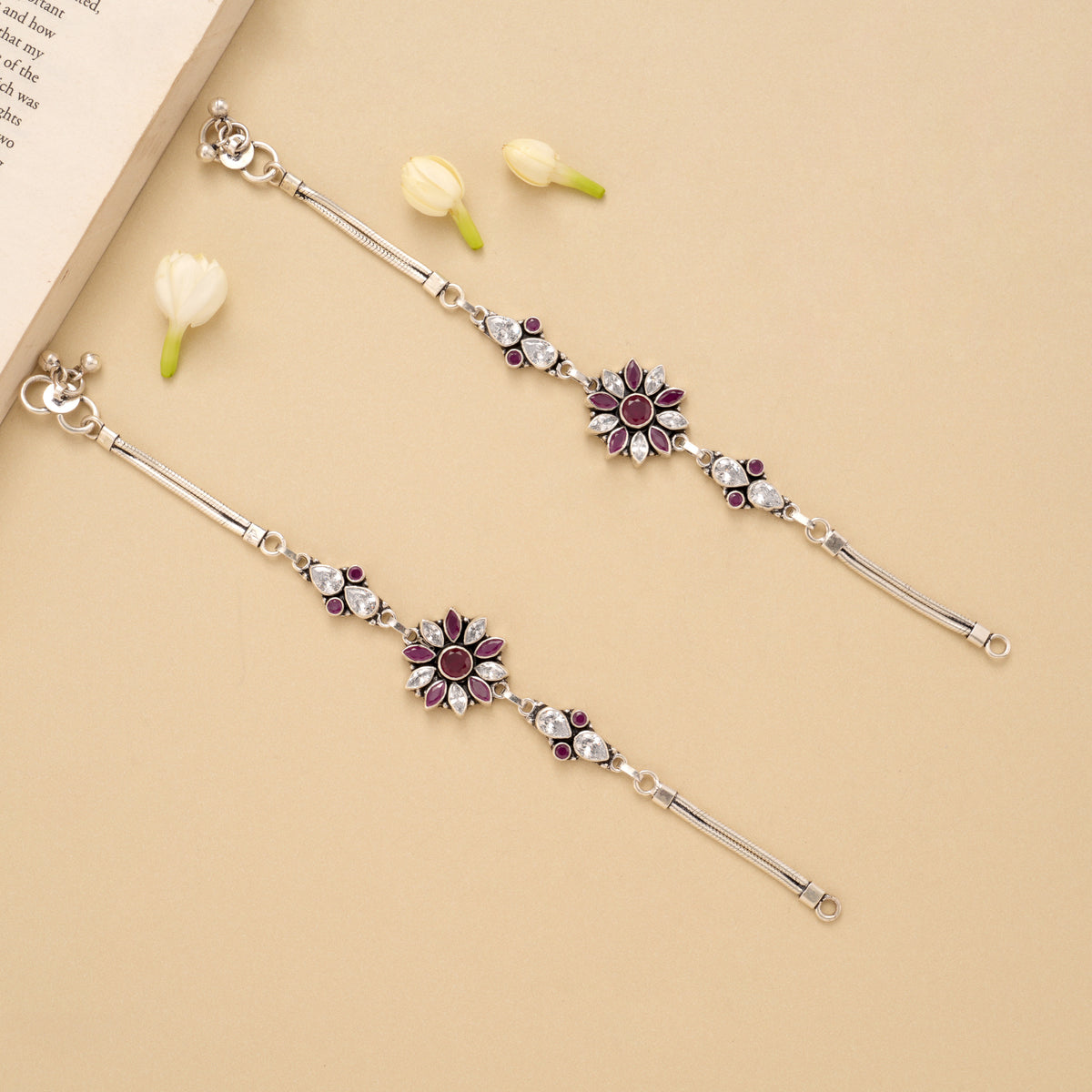 Radiant Ruby Floral Silver Anklet