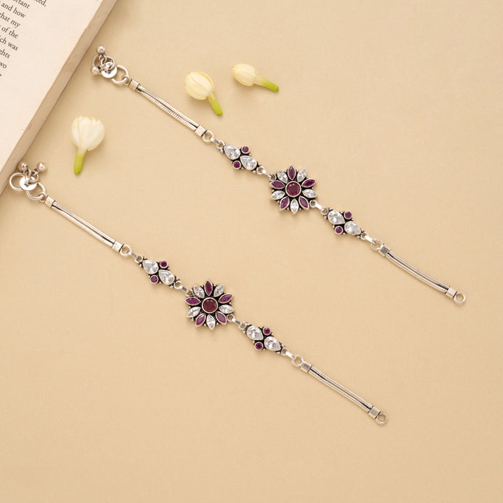 Radiant Ruby Floral Silver Anklet