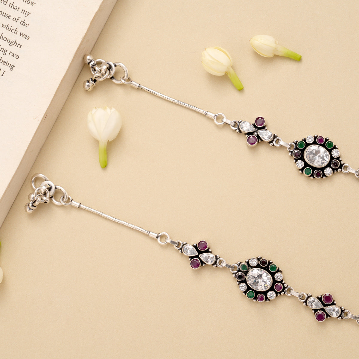 Oval Ruby Emerald White Stone Silver Anklet