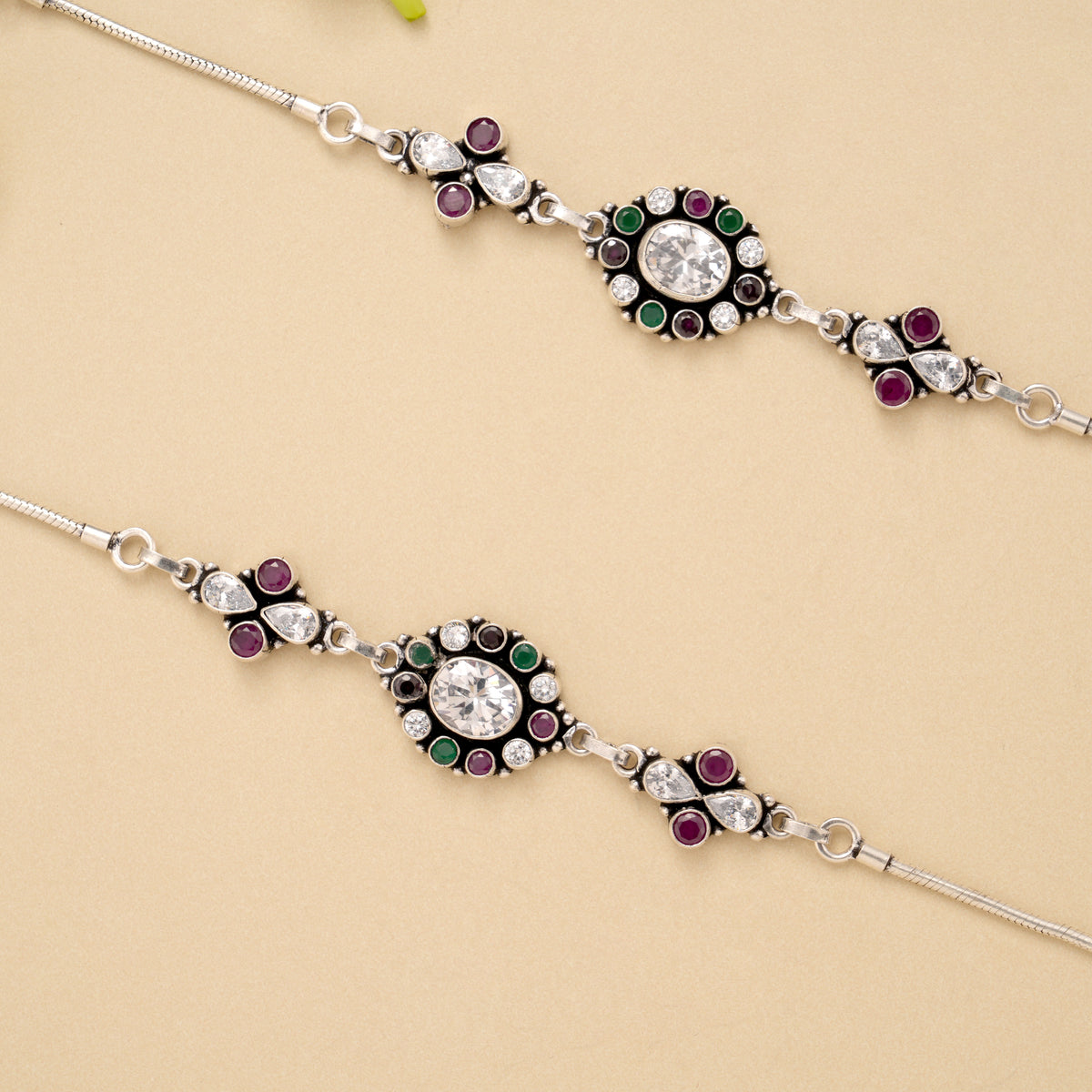 Oval Ruby Emerald White Stone Silver Anklet