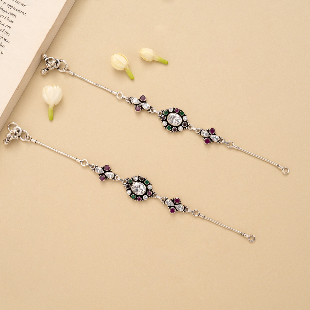 Oval Ruby Emerald White Stone Silver Anklet