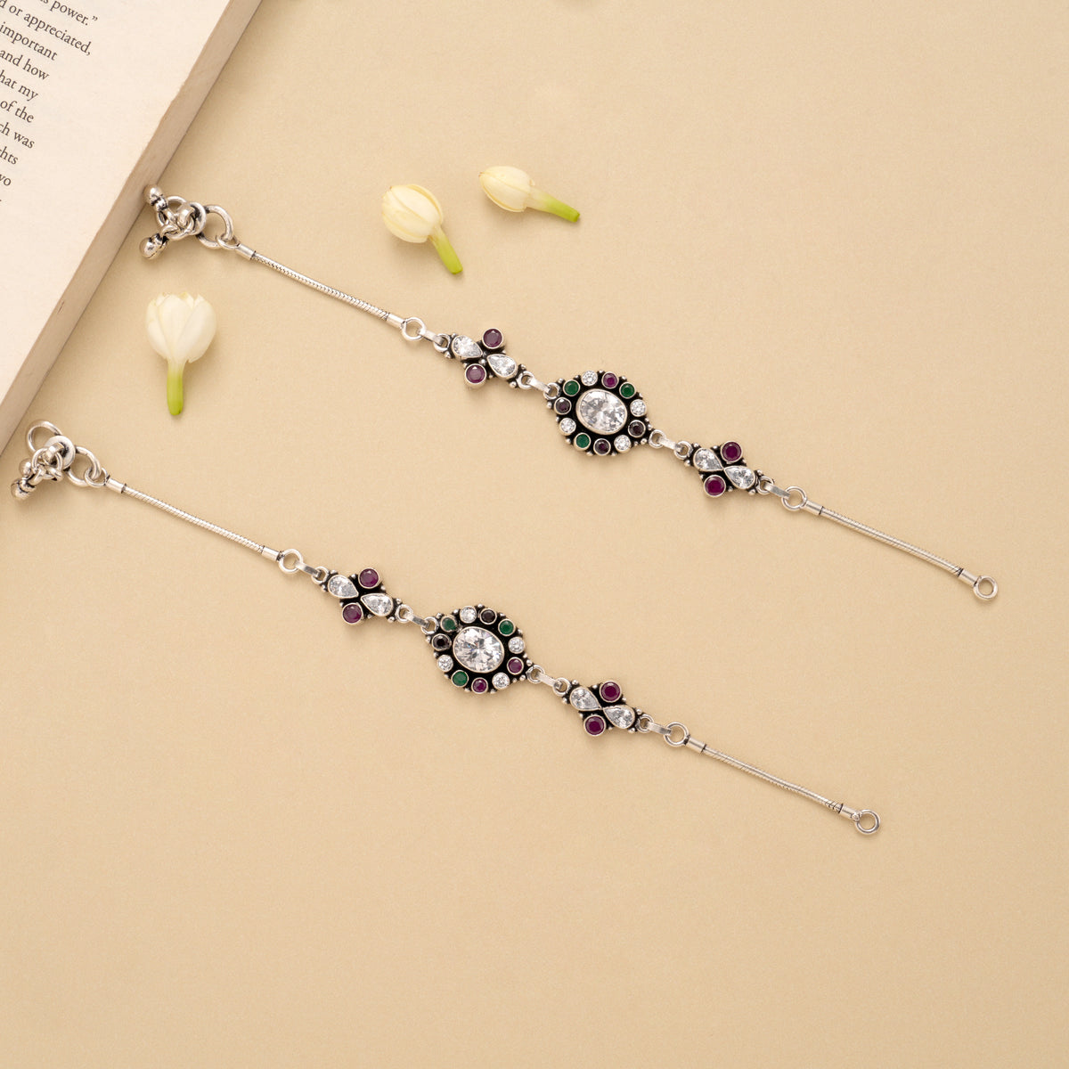 Oval Ruby Emerald White Stone Silver Anklet