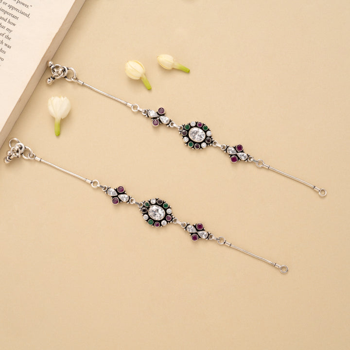 Oval Ruby Emerald White Stone Silver Anklet