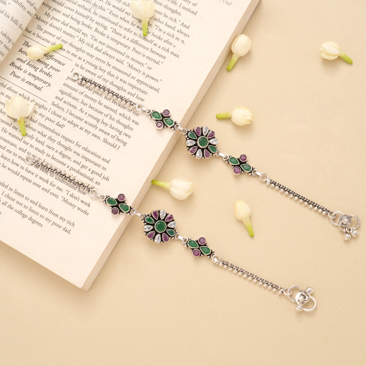 Blossom Flower Pattern Emerald Silver Anklet