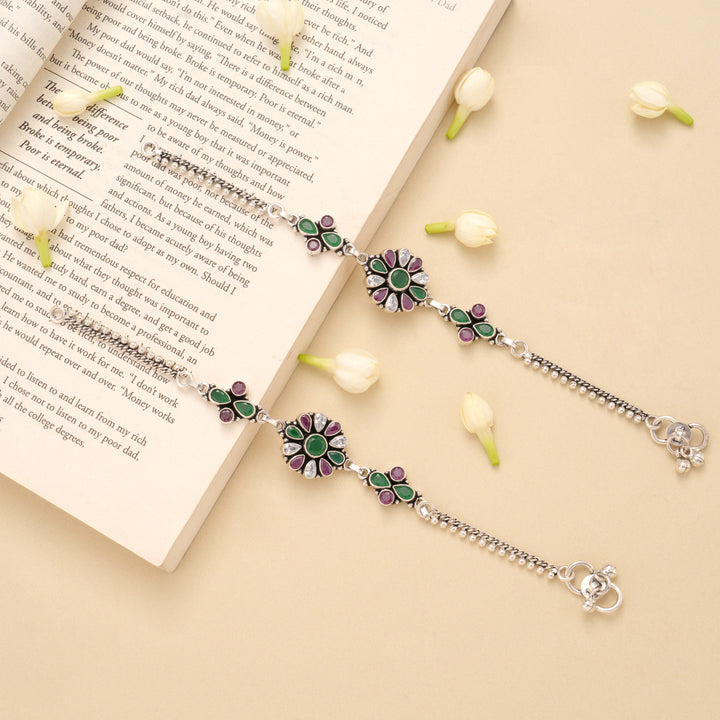 Blossom Flower Pattern Emerald Silver Anklet