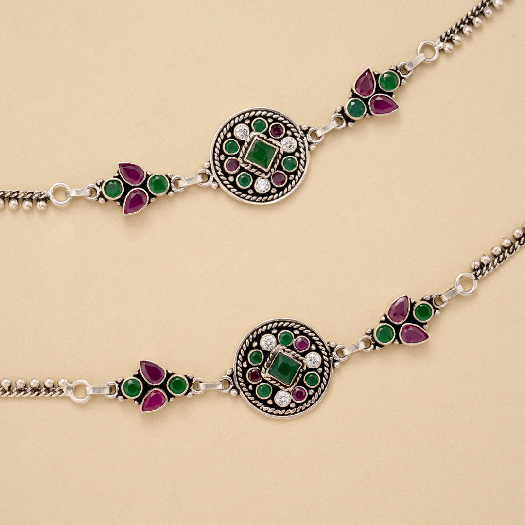 Antique Circle Pattern Emerald Silver Anklet
