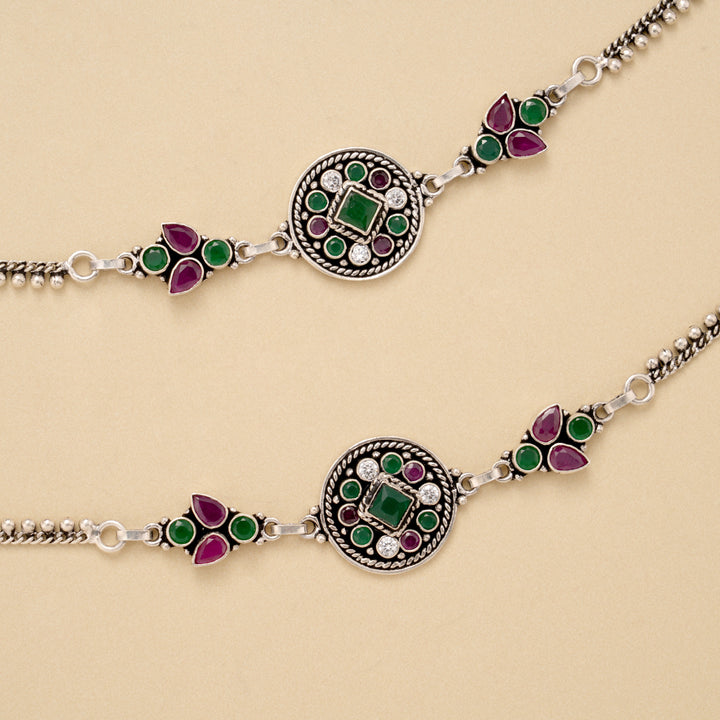 Antique Circle Pattern Emerald Silver Anklet