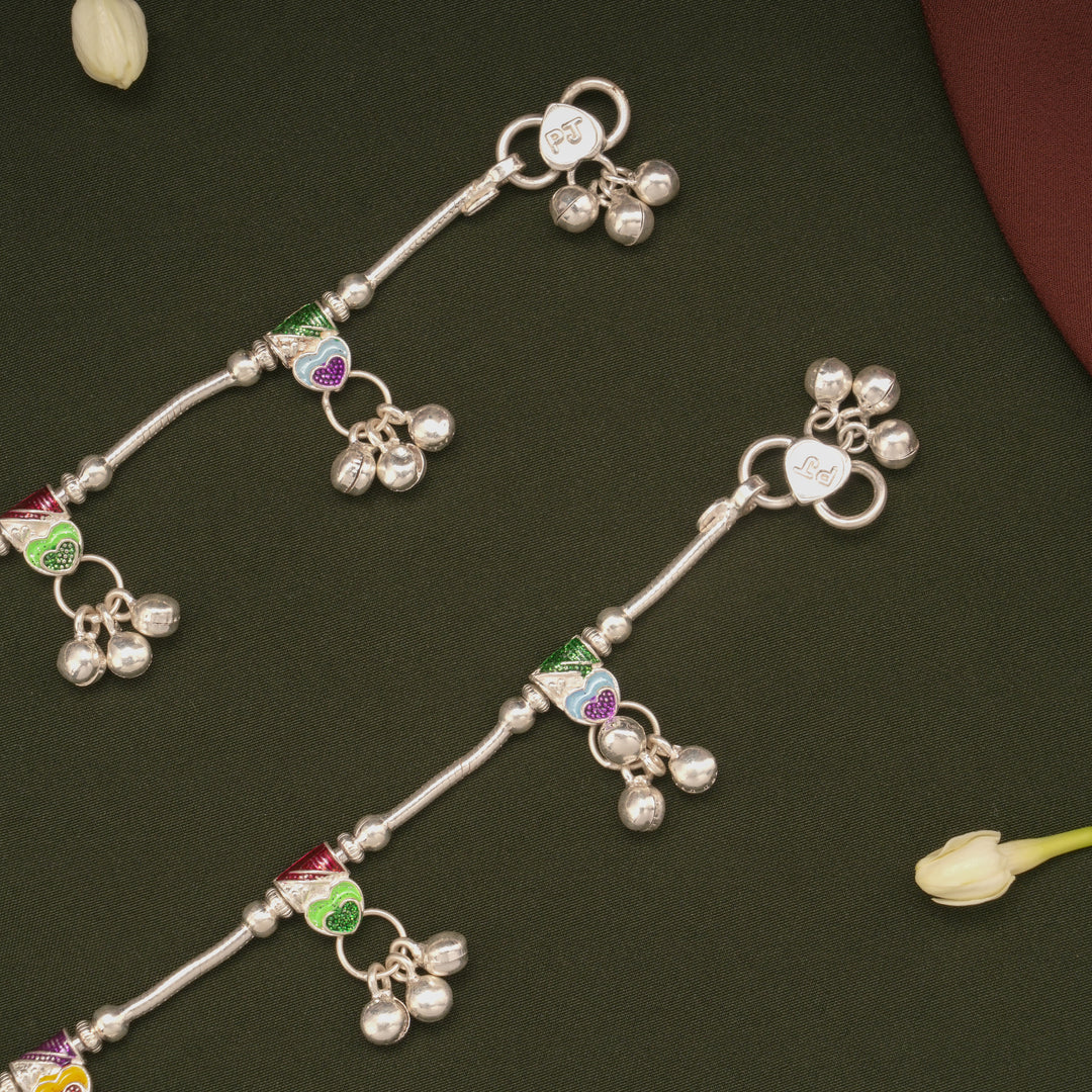 Multicolour Enamel Beaded Heart Design Silver Anklets