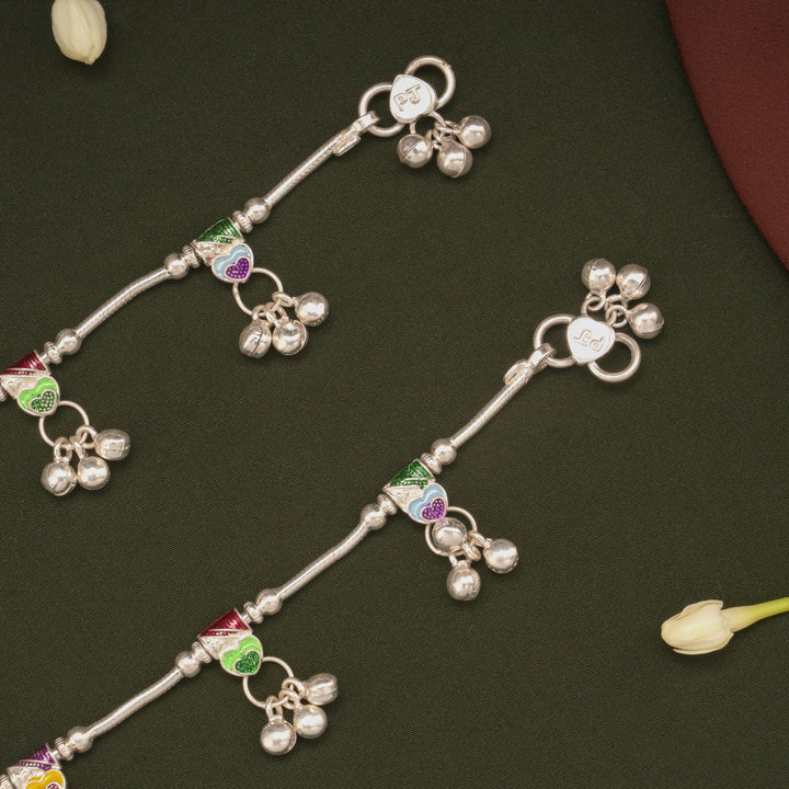 Multicolour Enamel Beaded Heart Design Silver Anklets