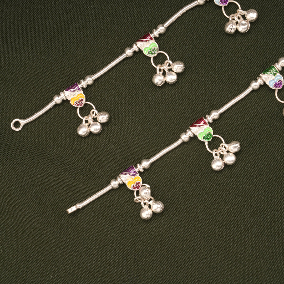 Multicolour Enamel Beaded Heart Design Silver Anklets