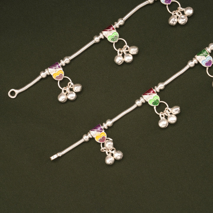 Multicolour Enamel Beaded Heart Design Silver Anklets