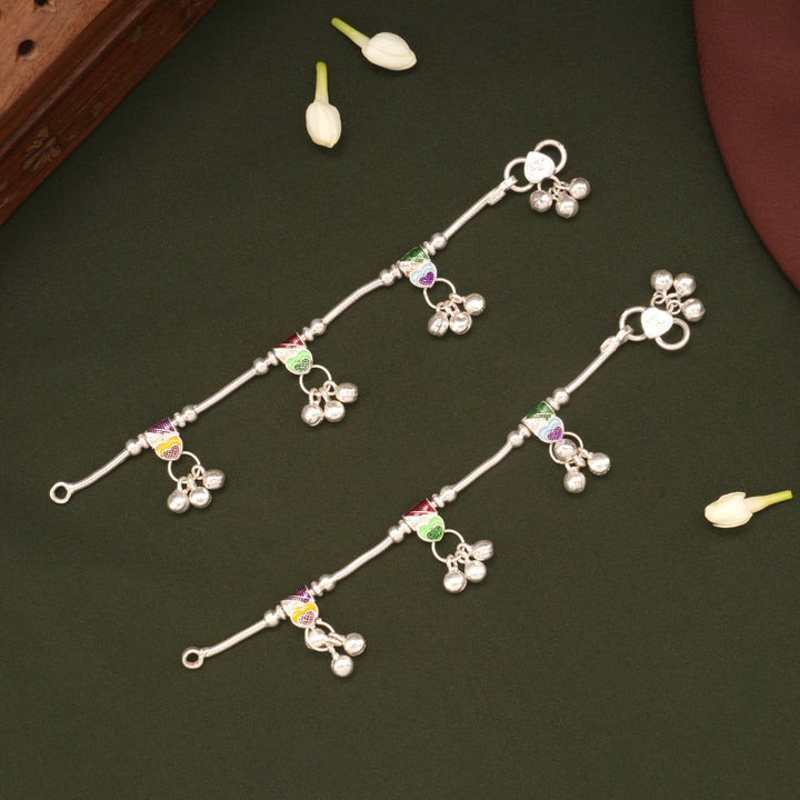 Multicolour Enamel Beaded Heart Design Silver Anklets