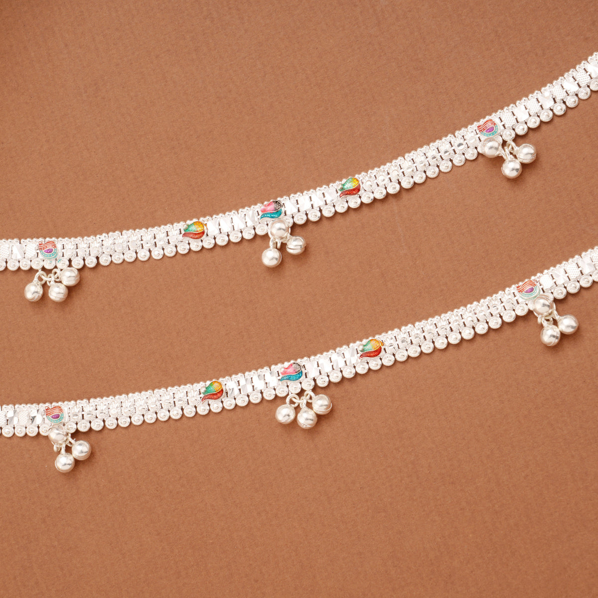 Colourful Floral Enamel Design Silver Anklets
