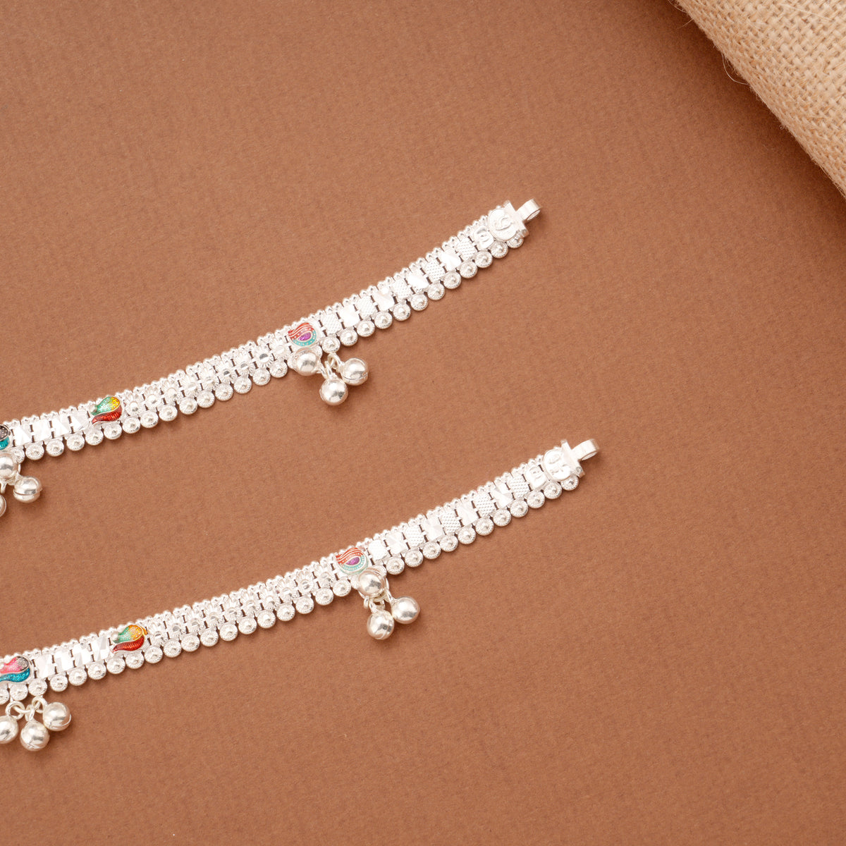 Colourful Floral Enamel Design Silver Anklets