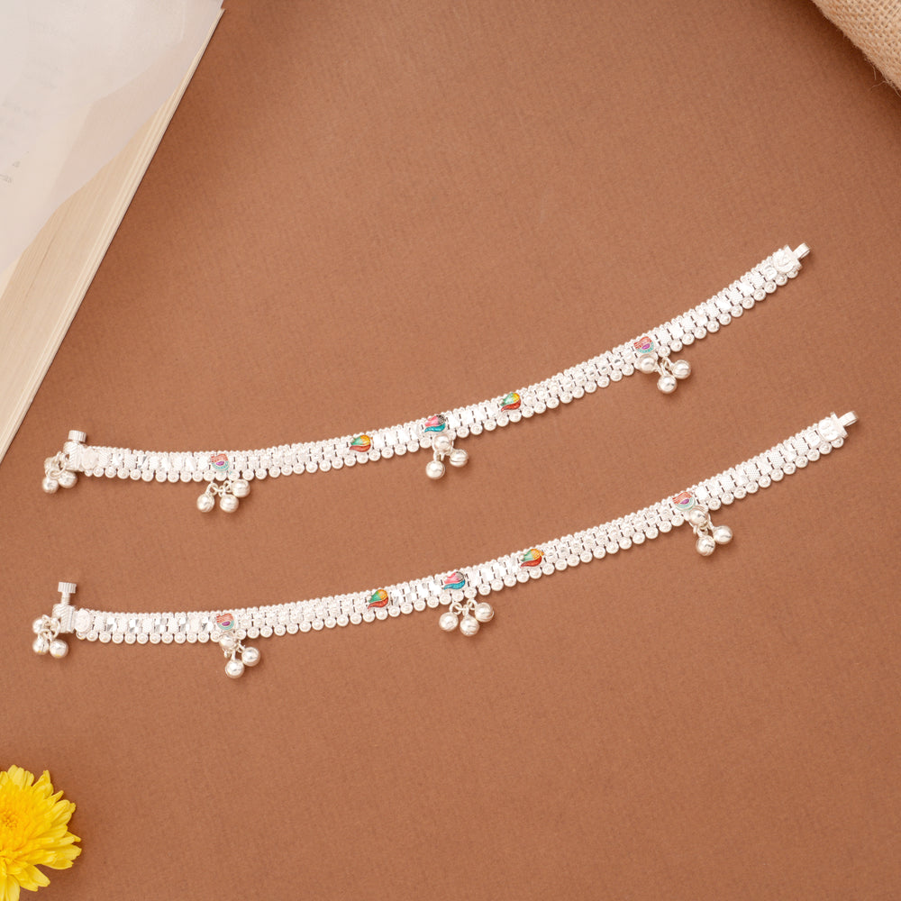 Colourful Floral Enamel Design Silver Anklets