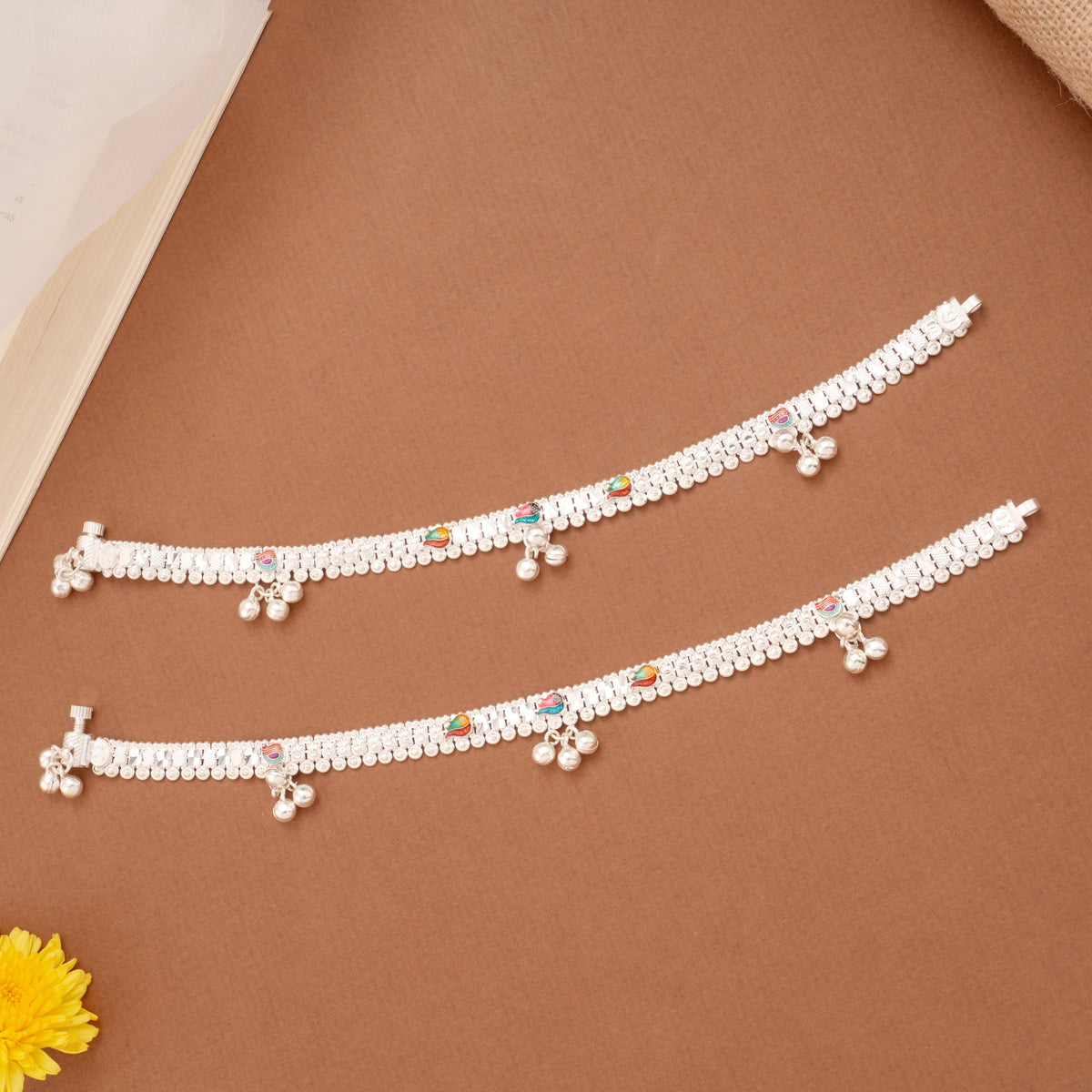 Colourful Floral Enamel Design Silver Anklets