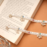 Elegant Enamel Flower Design Silver Anklets