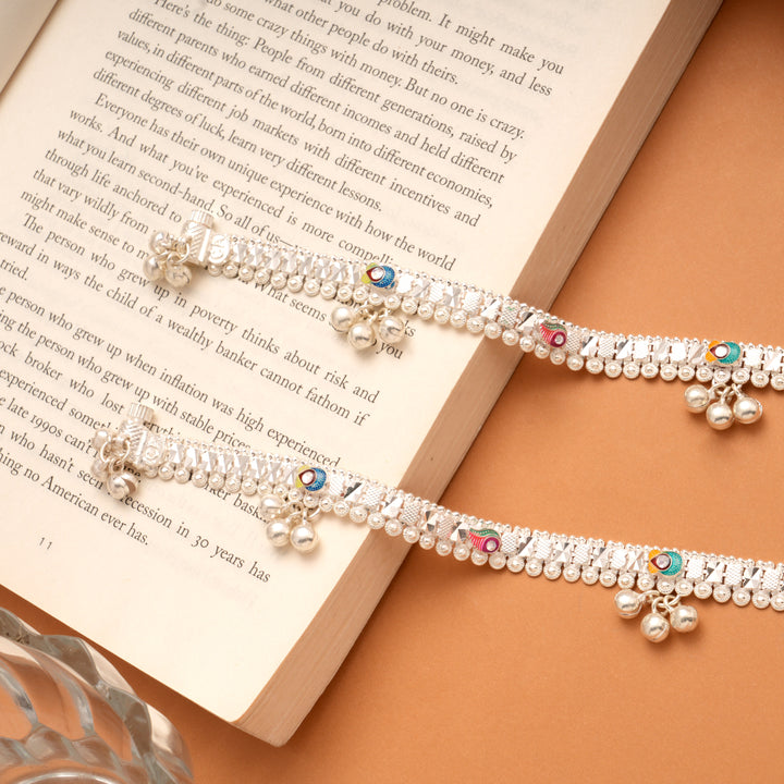 Elegant Enamel Flower Design Silver Anklets