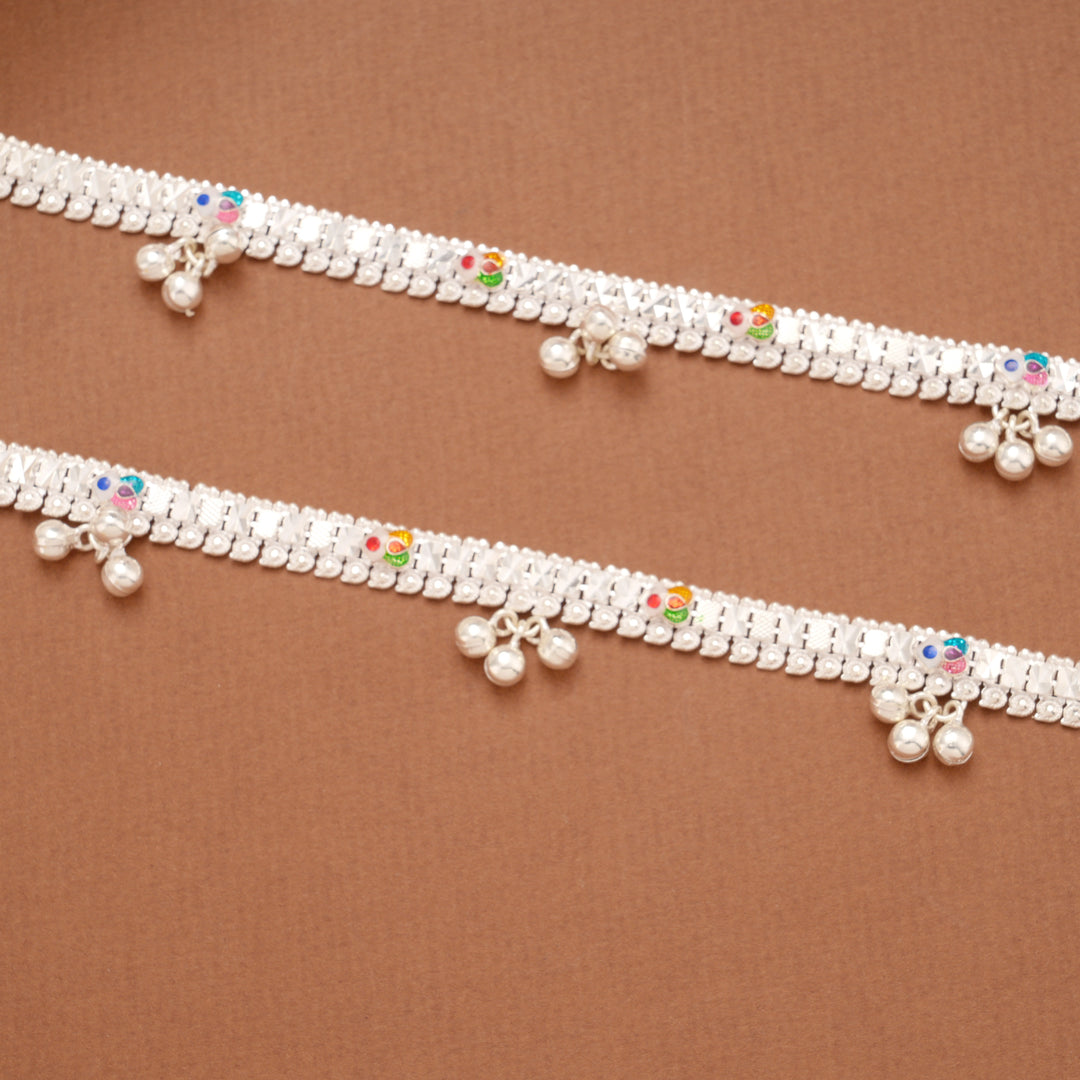 Elegant Multicolour Enamel Flower Silver Anklets