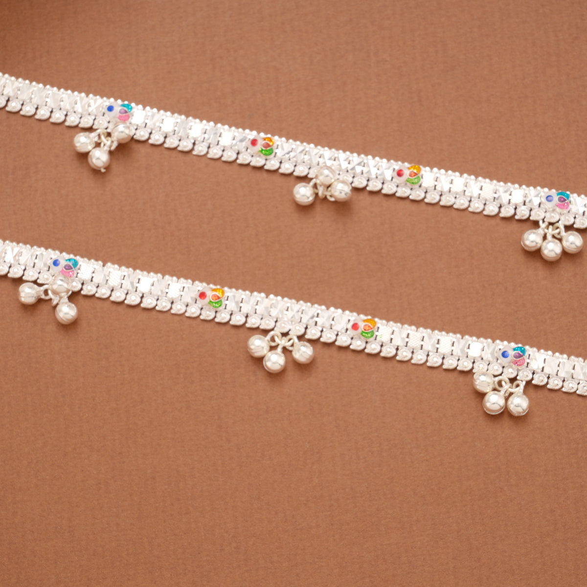 Elegant Multicolour Enamel Flower Silver Anklets