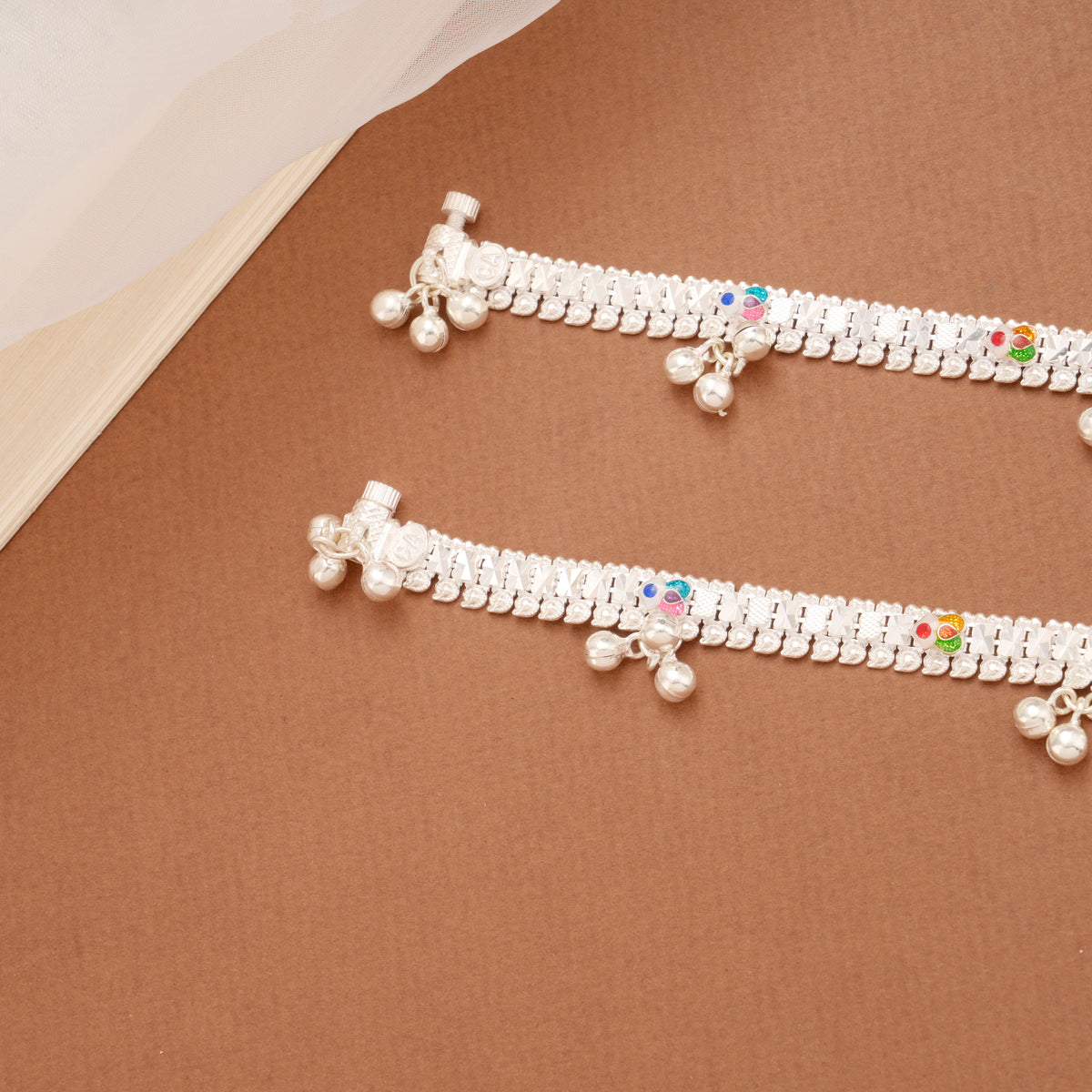 Elegant Multicolour Enamel Flower Silver Anklets