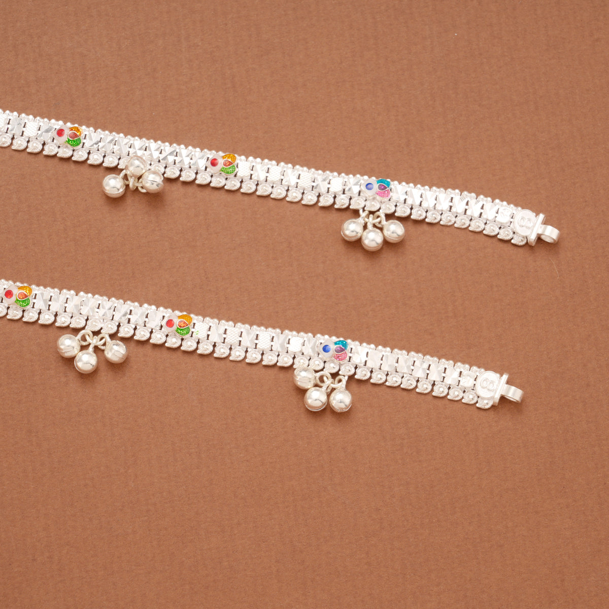 Elegant Multicolour Enamel Flower Silver Anklets