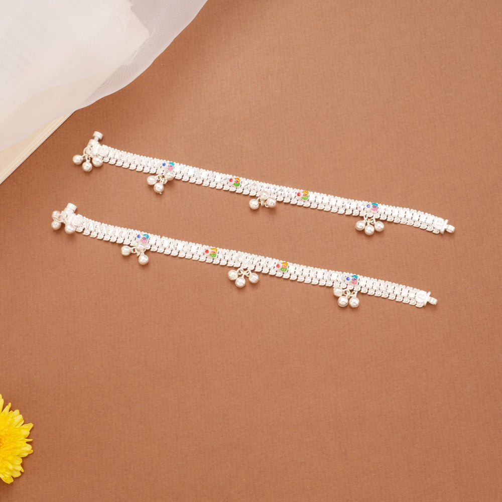 Elegant Multicolour Enamel Flower Silver Anklets