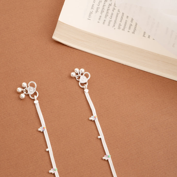 Multicolour Enamel Heart Design Beaded Silver Anklets