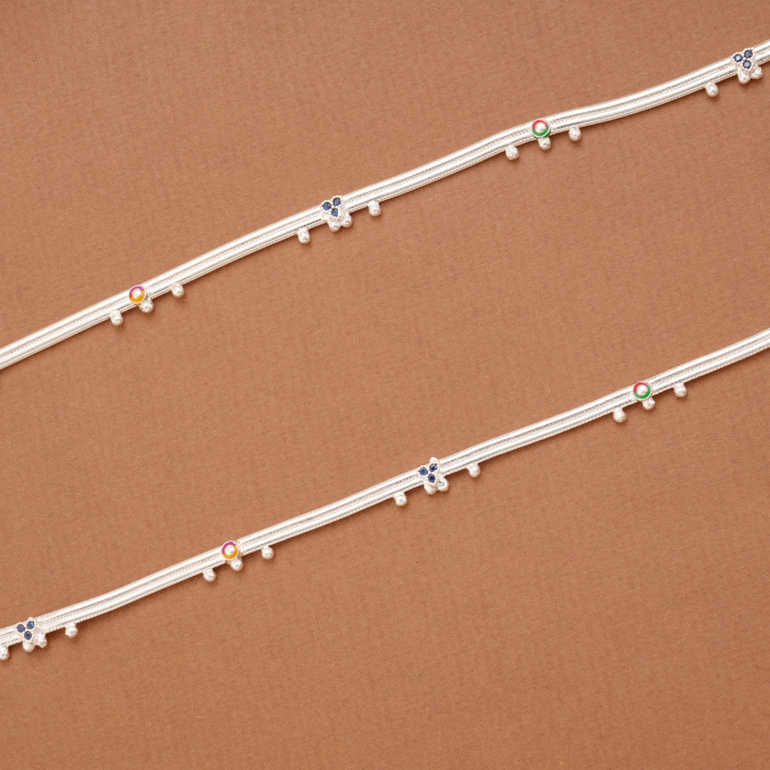 Tri Floral Circle Enamel Design Silver Anklets