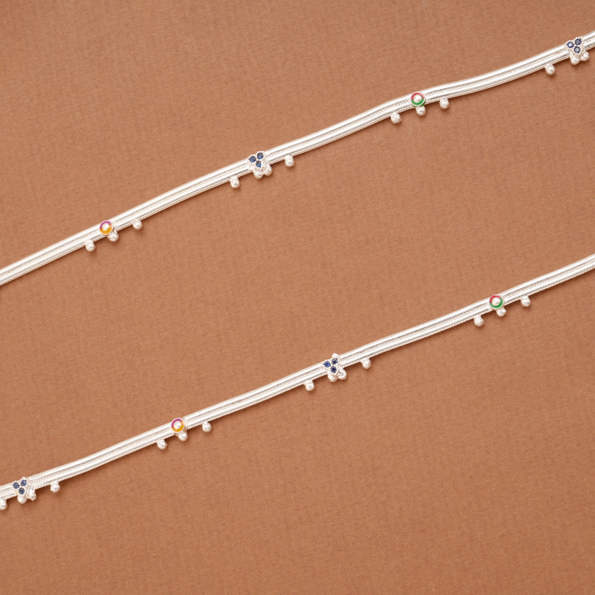 Tri Floral Circle Enamel Design Silver Anklets