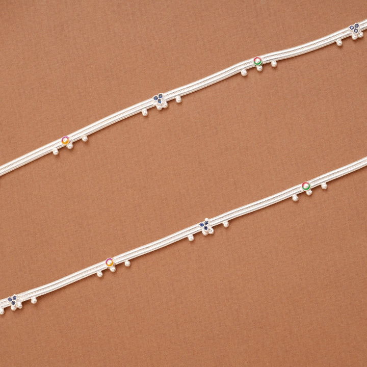 Tri Floral Circle Enamel Design Silver Anklets