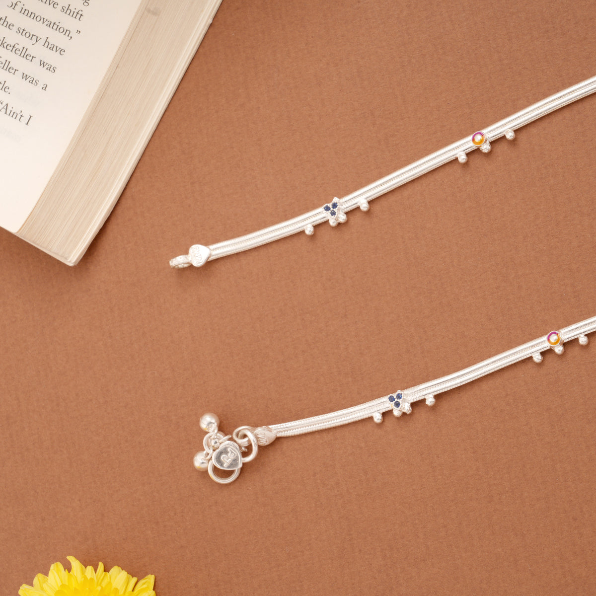 Tri Floral Circle Enamel Design Silver Anklets