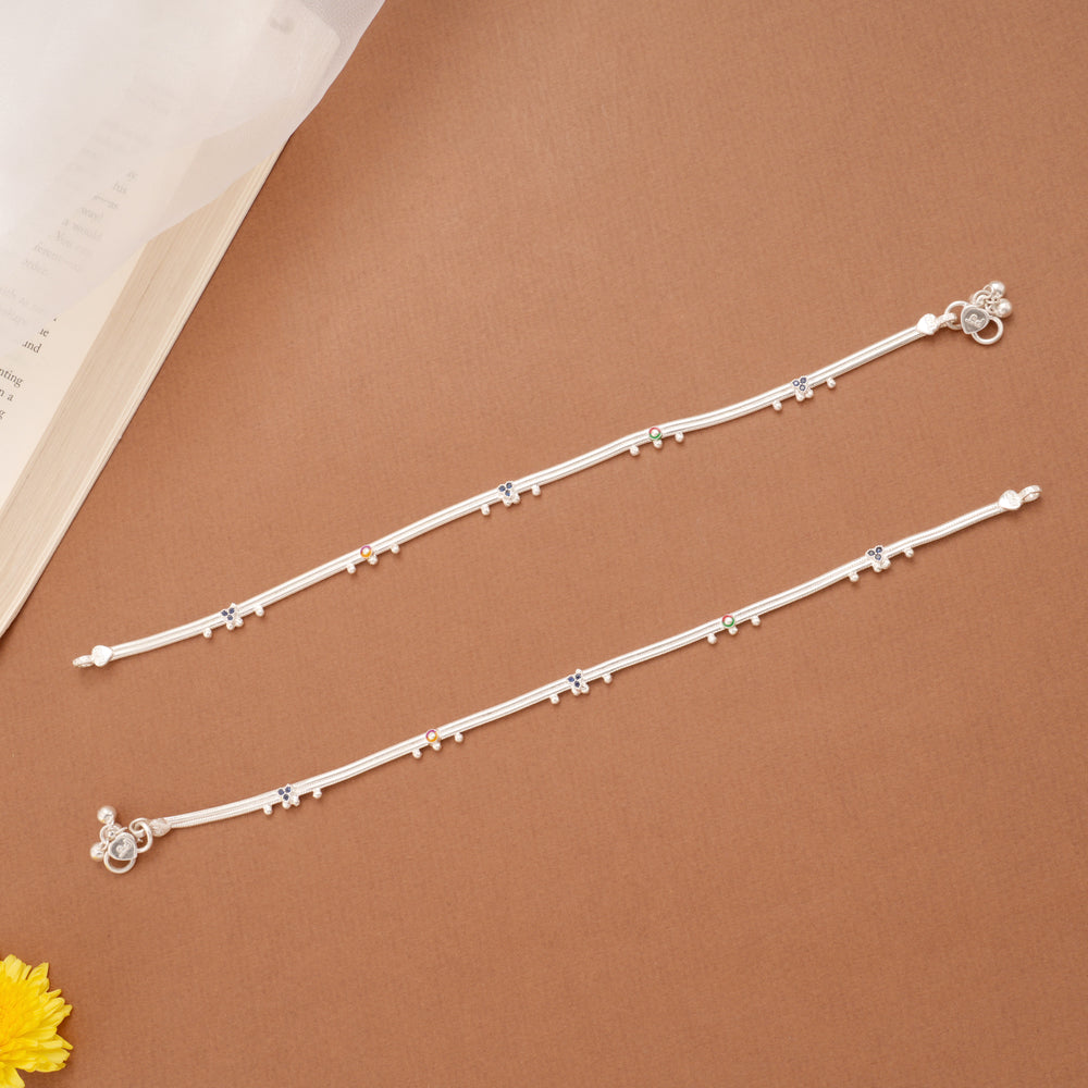 Tri Floral Circle Enamel Design Silver Anklets