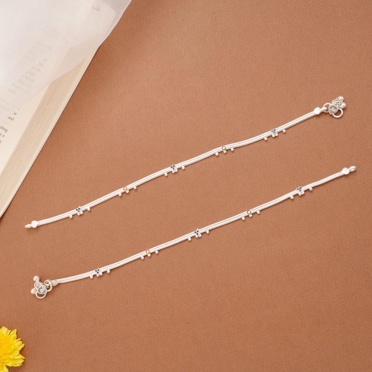 Tri Floral Circle Enamel Design Silver Anklets