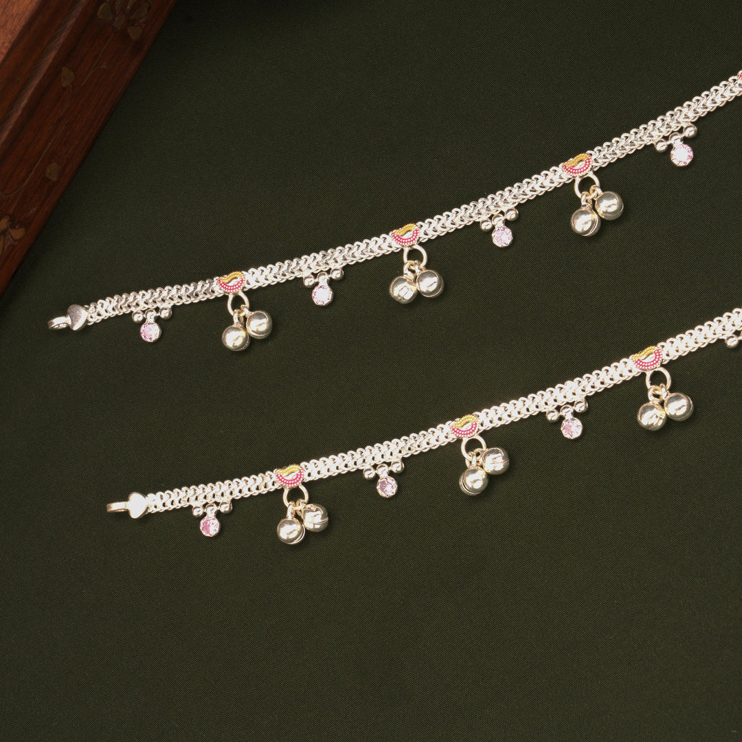 Braided Leaf Design Enamel Silver Anklets