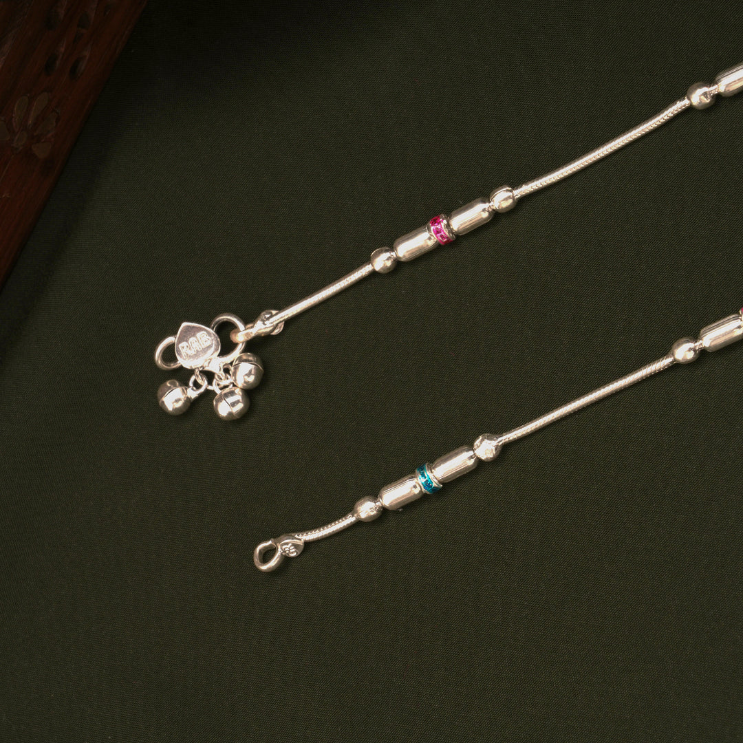 Pink and Blue Enamel Beaded Design Silver Anklets