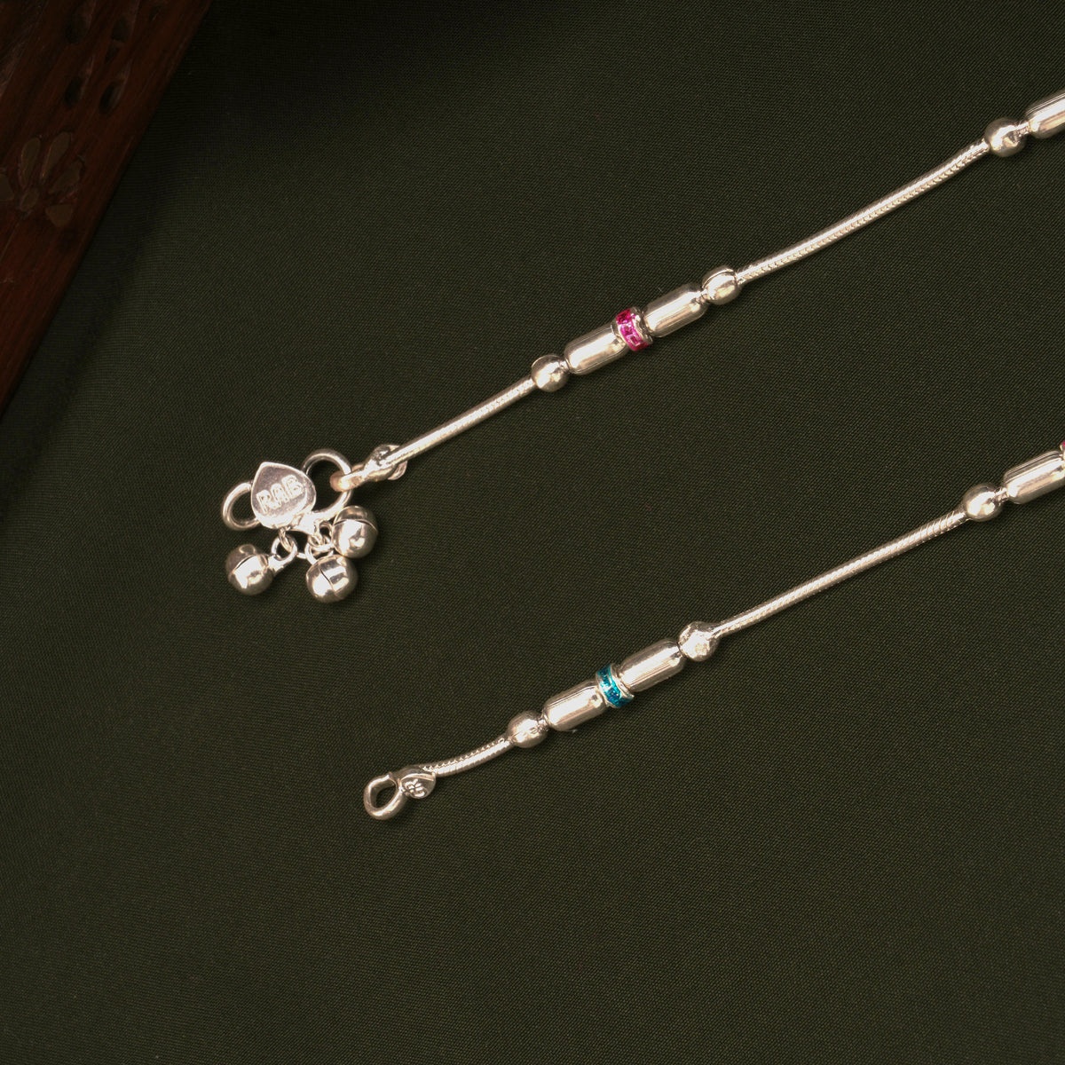 Pink and Blue Enamel Beaded Design Silver Anklets