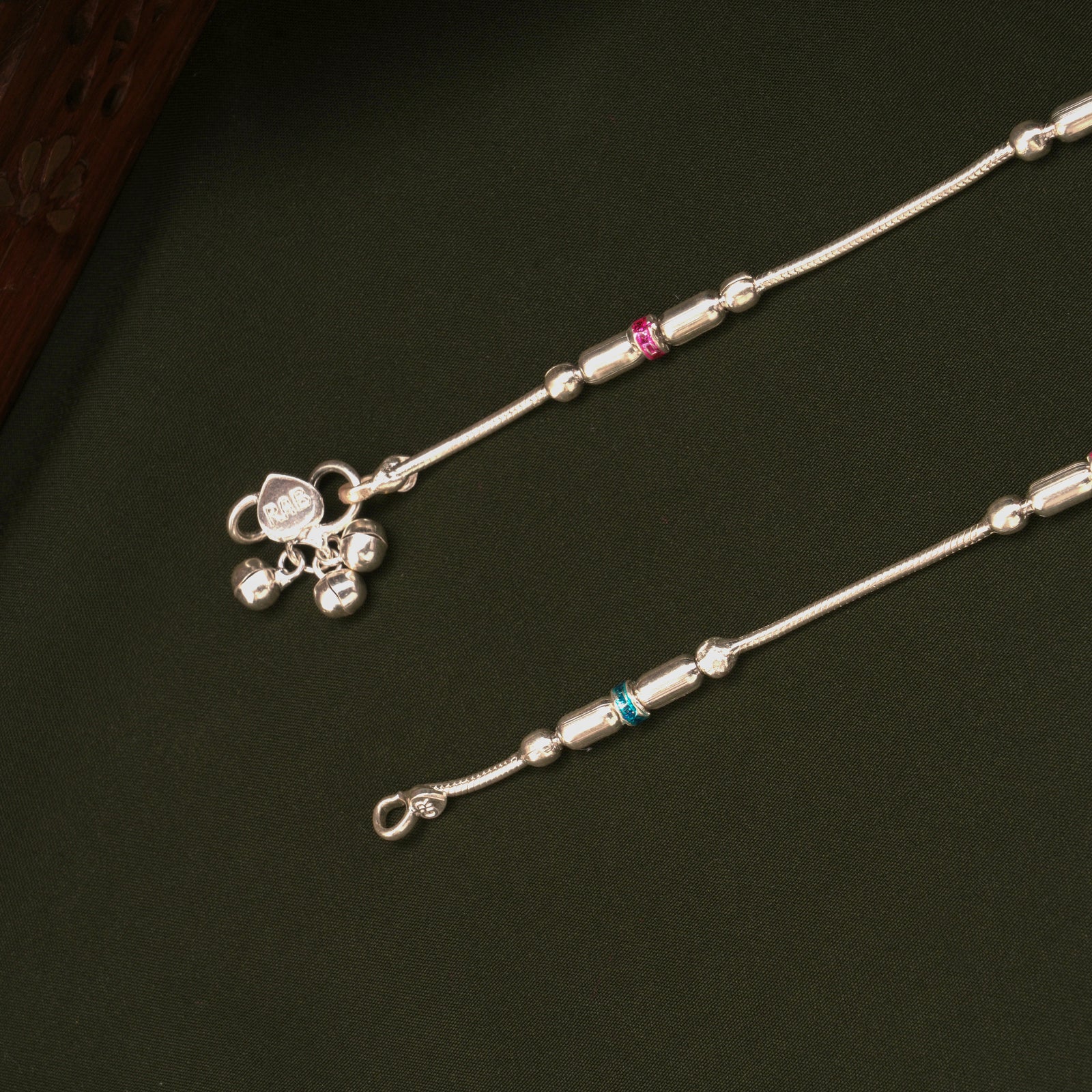 Pink and Blue Enamel Beaded Design Silver Anklets