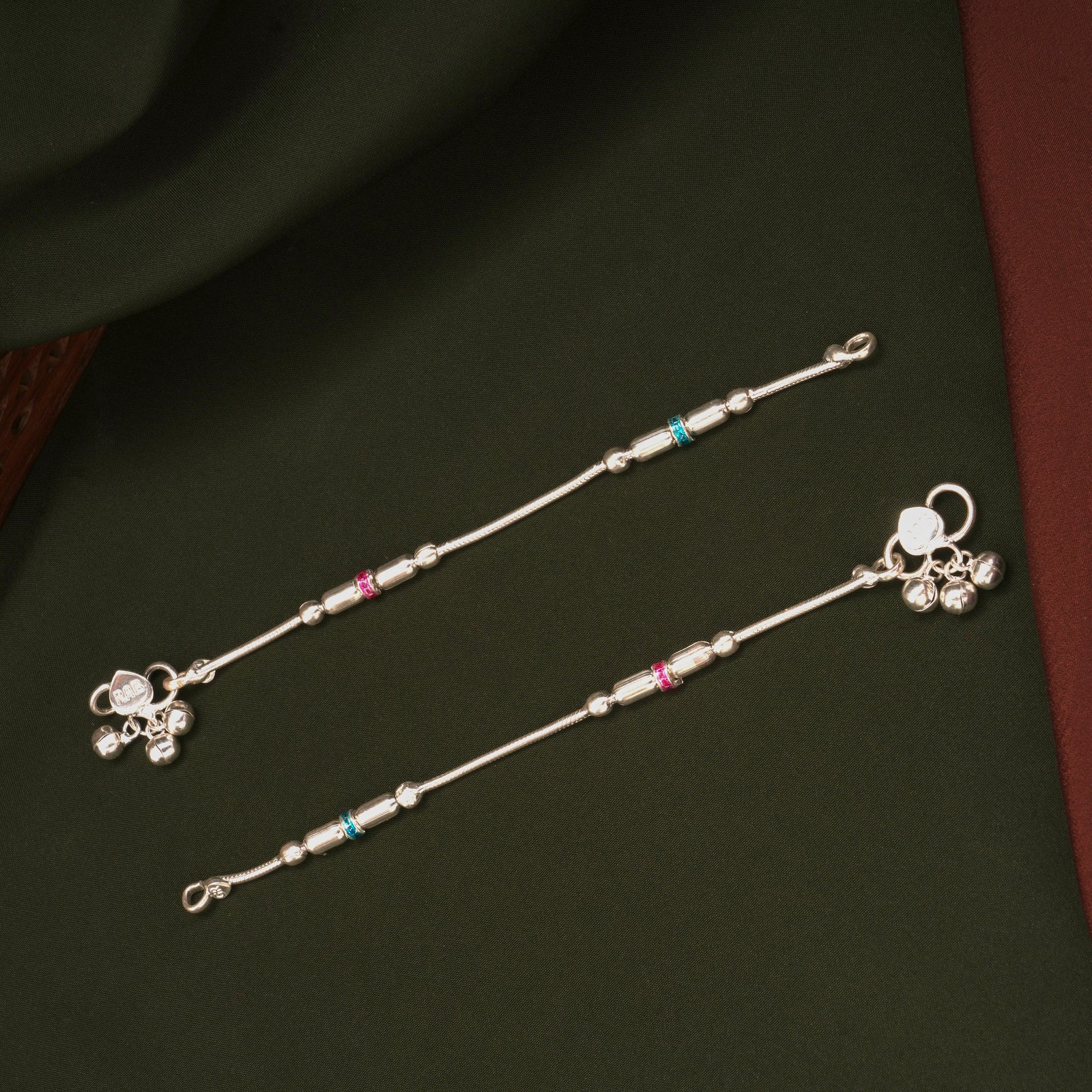 Pink and Blue Enamel Beaded Design Silver Anklets