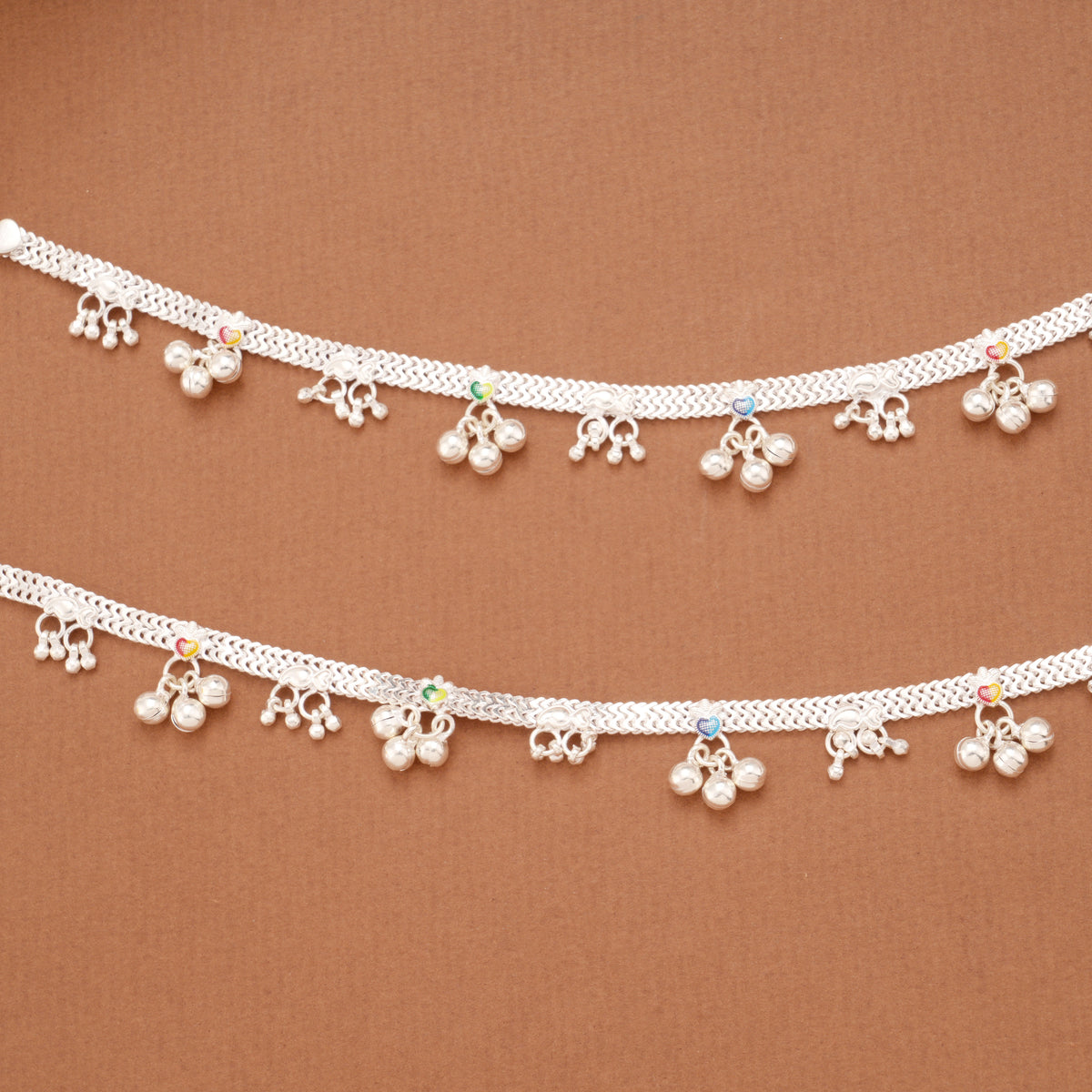 Elegant Heart Enamel Design Silver Anklets