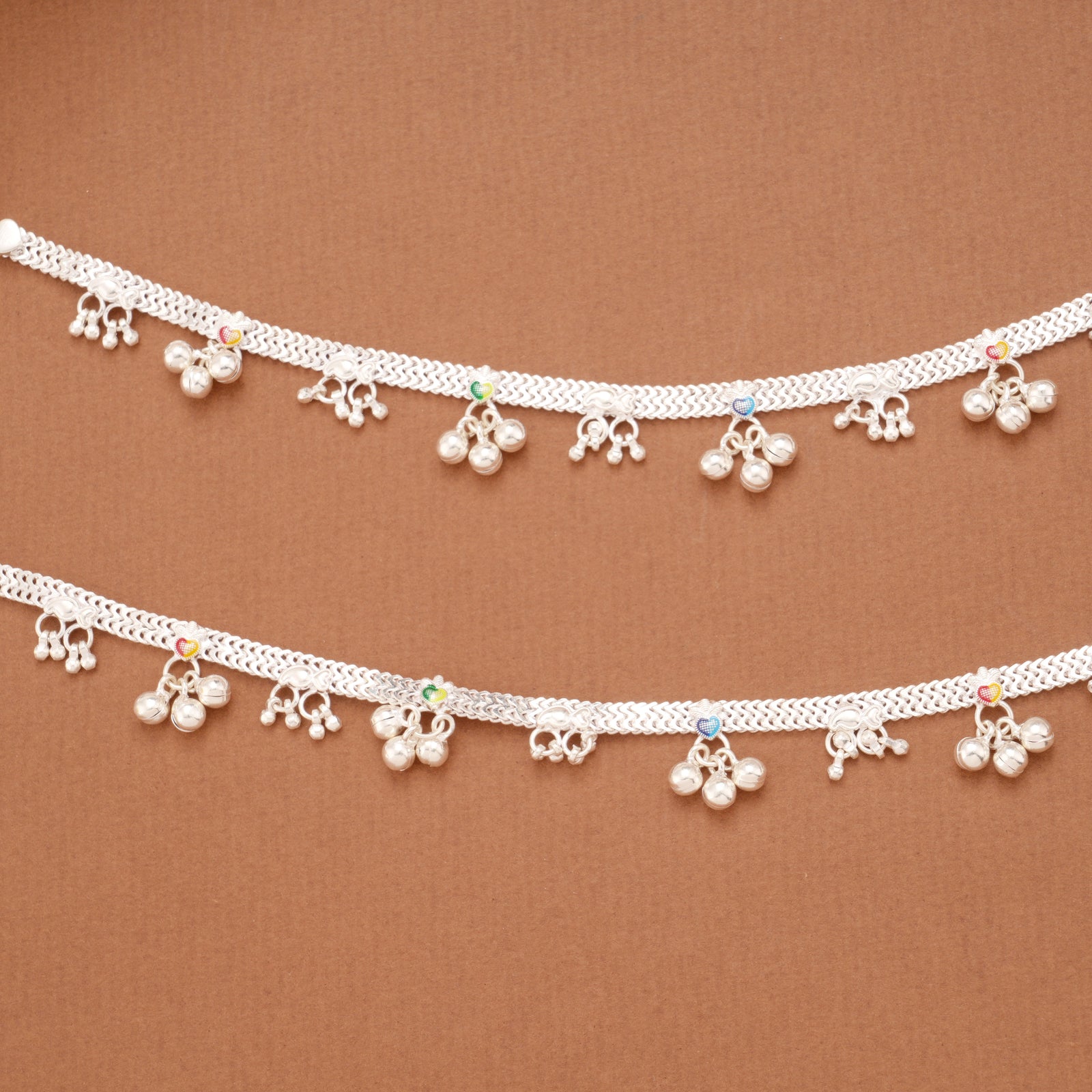 Elegant Heart Enamel Design Silver Anklets