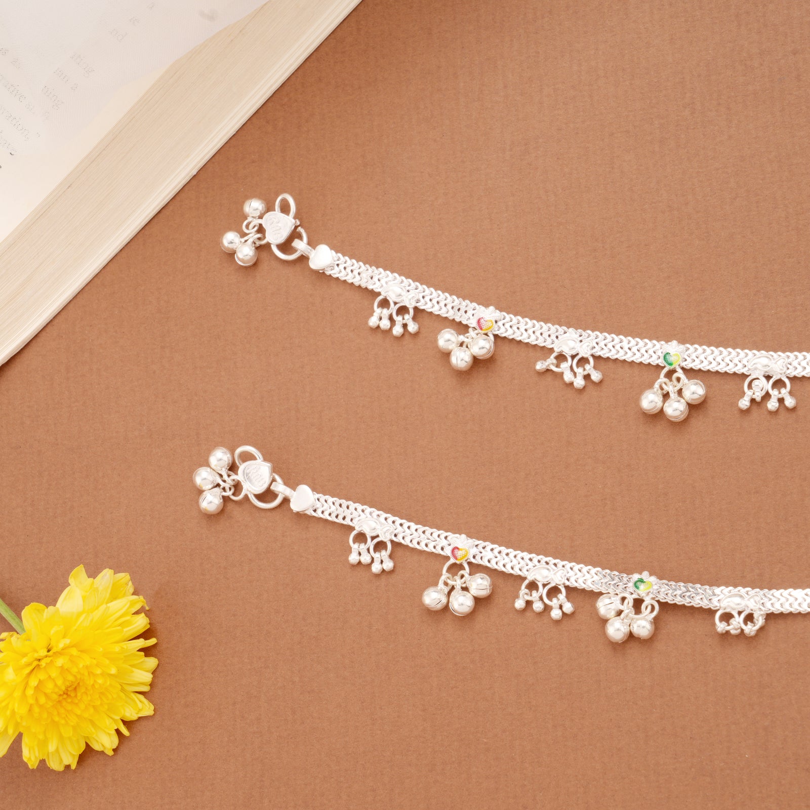 Elegant Heart Enamel Design Silver Anklets